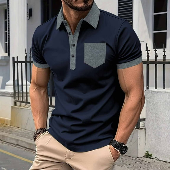 Xunlbb Men's Shirts Mens Dress Shirts Man Leisure Pocket Button Flip Collar Color Blocking Short Sleeve Gift for Him, S-3XL