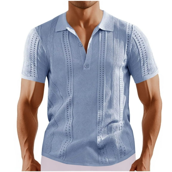 Xunlbb Men's Shirts Mens Dress Shirts Men Button Up Spring Fall Short Sleeved V-neck Knitted Breathable Elastic Hollow Top on Clearance, S-2XL