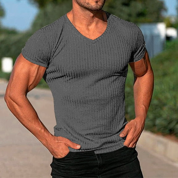 Xunlbb Men's Shirts T-Shirt for Men Fashionable Men's Solid Color Casual Tight Fitting V-neck Short Sleeved Top Gift for Him, M-4XL