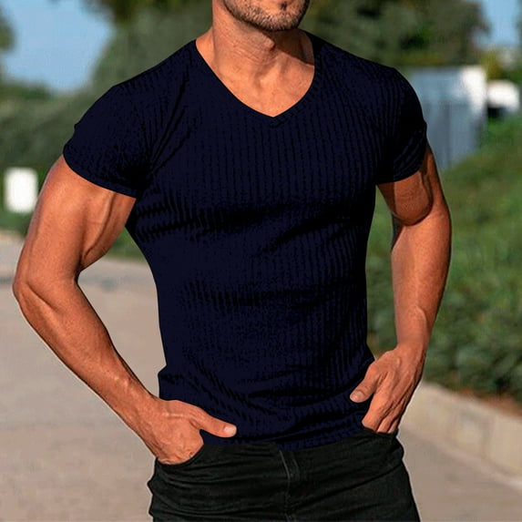 Xunlbb Men's Shirts T-Shirt for Men Fashionable Men's Solid Color Casual Tight Fitting V-neck Short Sleeved Top Gift for Him, M-4XL