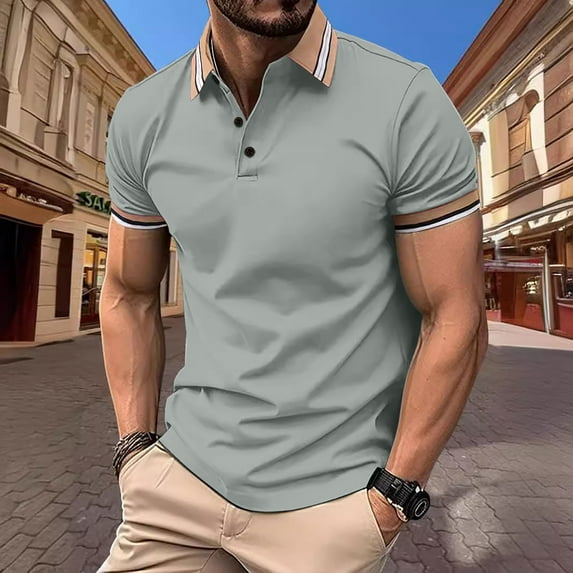 Xunlbb Mens Shirt Mens Casual Button Down Shirts Men's Patchwork Fallow Button Round Neck Sports Short Sleeve Shirt Gift for Him, M-3XL