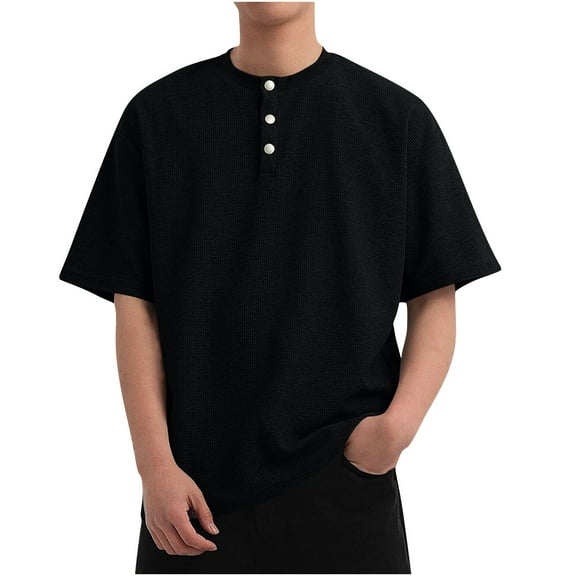 Xunlbb Mens Shirt Mens Casual Button Down Shirts Men's Solid Color Casual Button Short Sleeved Round Neck Shirts on Clearance, M-3XL