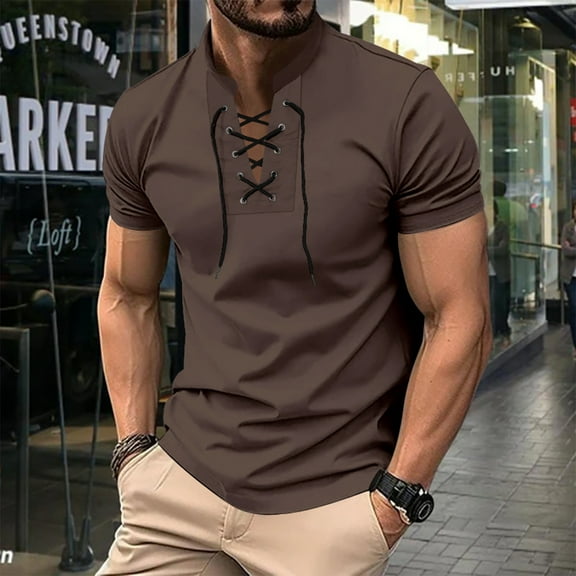 Xunlbb Mens Shirt Mens Casual Button Down Shirts Men Casual Solid Sports Short-sleeved V-neck Lacing Fitness Training Clothes T-shirt Top Gift for Him, S-3XL