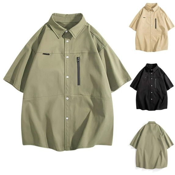 Xunlbb Mens Shirt Mens Dress Shirts Men's Casual Solid Color Button Pocket Zipper Outdoor Lapel Fashion Long Sleeve Shirt Gift for Him, M-3XL