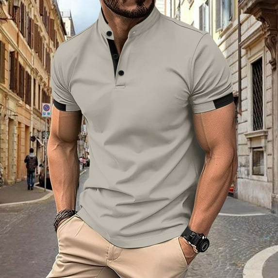 Xunlbb Mens Shirt Mens Dress Shirts Men's Patchwork Fallow Button Round Neck Sports Short Sleeve Shirt on Clearance, S-3XL