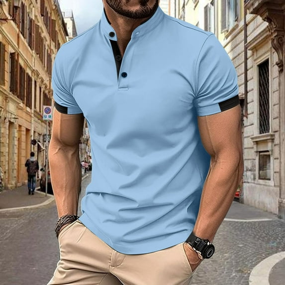 Xunlbb Mens Shirt Mens Dress Shirts Men's Patchwork Fallow Button Round Neck Sports Short Sleeve Shirt on Clearance, S-3XL