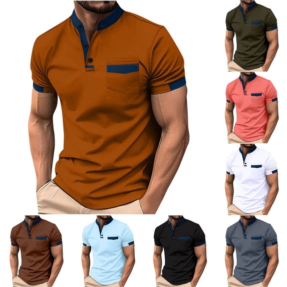 Xunlbb Mens Shirt Mens Dress Shirts Men's Patchwork Pocket Fallow Button Round Neck Sports Short Sleeve Shirt on Clearance, S-3XL