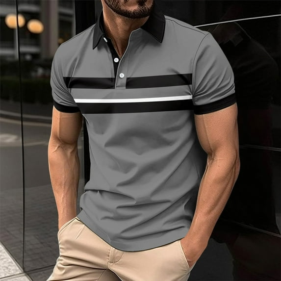 Xunlbb Mens Shirt Mens Dress Shirts Men's Spring and Summer Casual Horizontal Stripe Color Blocked Lapel Button Short Sleeved Shirt, S-3XL