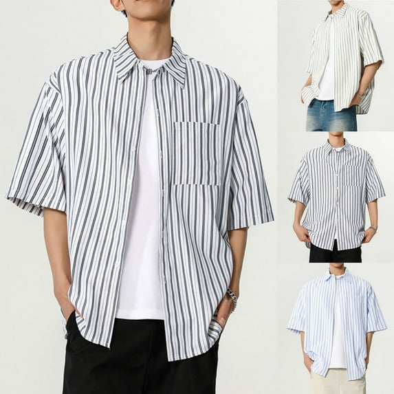 Xunlbb Mens Shirt Mens Dress Shirts Men's Vintage Casual Stripe Button Lapel Fashion Long Sleeve Shirt Gift for Him, M-3XL