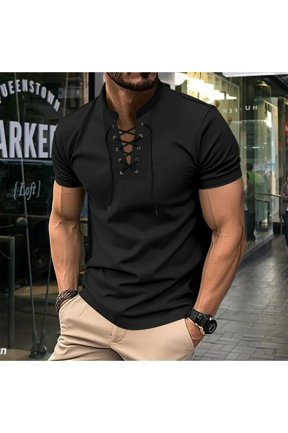 Mens Shirts Clearance Under $5.00 Men Casual Solid Sports Short-sleeved V-neck Lacing Fitness Training Clothes T-shirt Top on Clearance, Black M