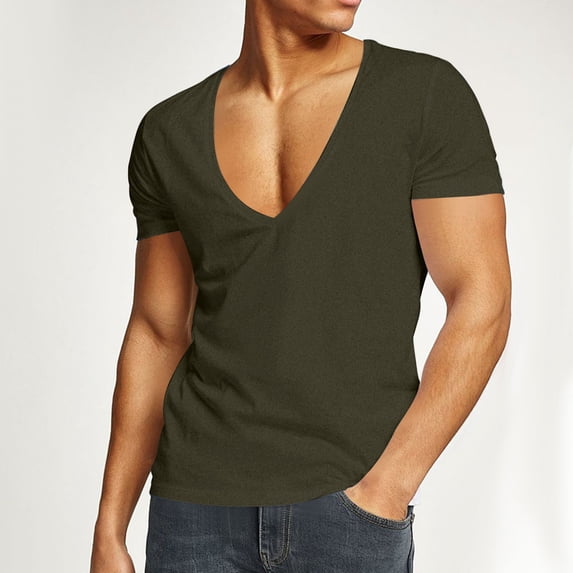 Xunlbb Mens Shirts Clearance Under $5.00 Men's Solid Color Exercise Close-fitting High Resilience Round Neck Fitness Short-sleeved Top on Clearance, Army Green XL