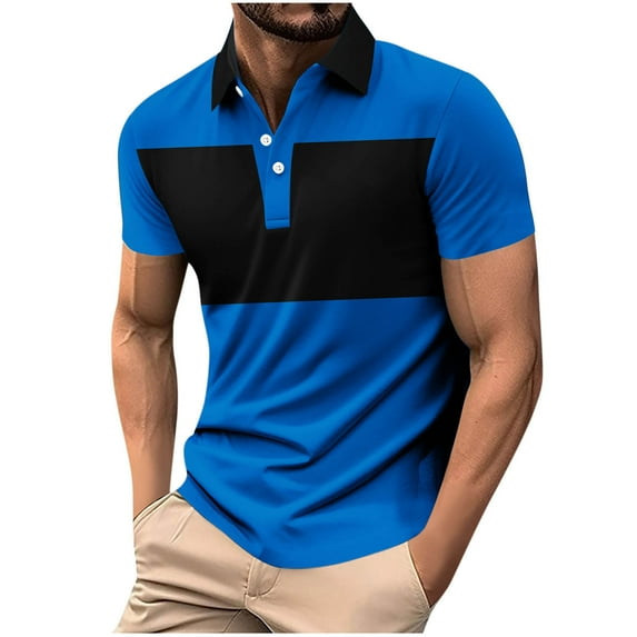 Xunlbb Mens Shirts Clearance Under $5.00 Men's Color Blocked Turndown Collar Button Sport Short Sleeved Lapel Top Shirt Gift for Mmen, Blue L