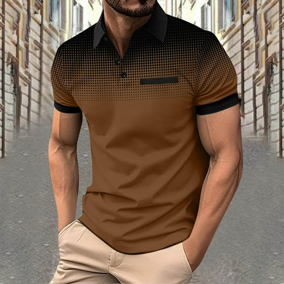 Xunlbb Mens Shirts Clearance Under $5.00 Men's Polka Gradient Lapel Button Sport Short-Sleeved Lapel Top Shirt on Clearance, Brown M