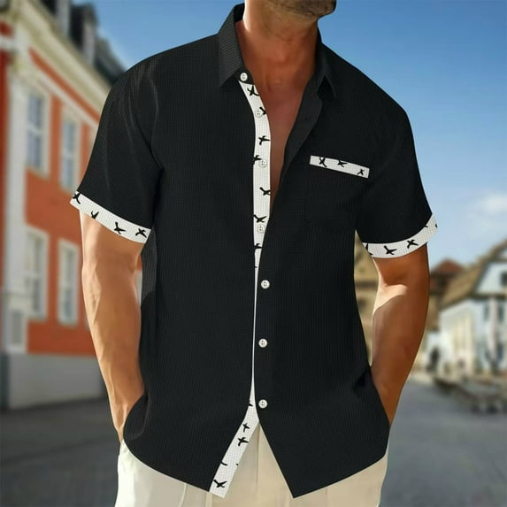 Xunlbb Mens Shirts Short Sleeve Clearance! Men Casual Color Blocked Turndown Collar Button Short Sleeved Shirt on Clearance, Black XL