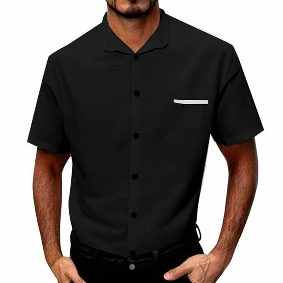 Xunlbb Mens Shirts Short Sleeve, Man Casual Solid-Color Printed Button Short Sleeve Turndown Collar Shirt on Clearance, Black XL
