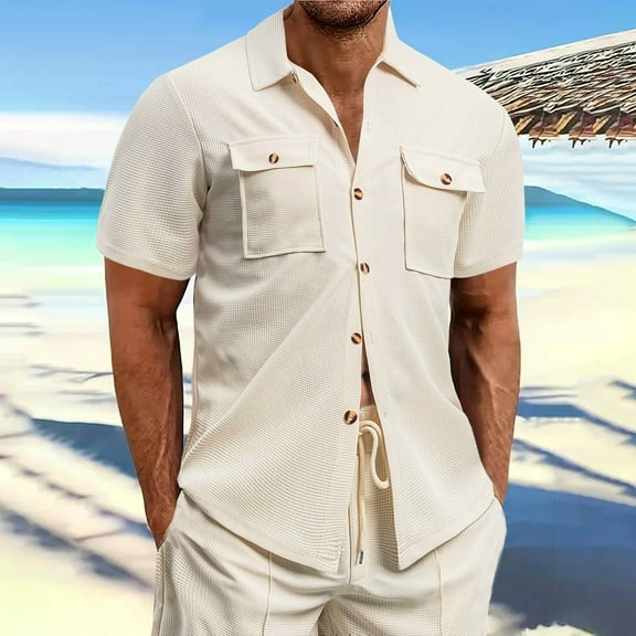 Xunlbb Mens Shirts Short Sleeve, Men's Casual Solid Color Collared Buttoned Pocket Short Sleeve Shirt on Clearance, Khaki M