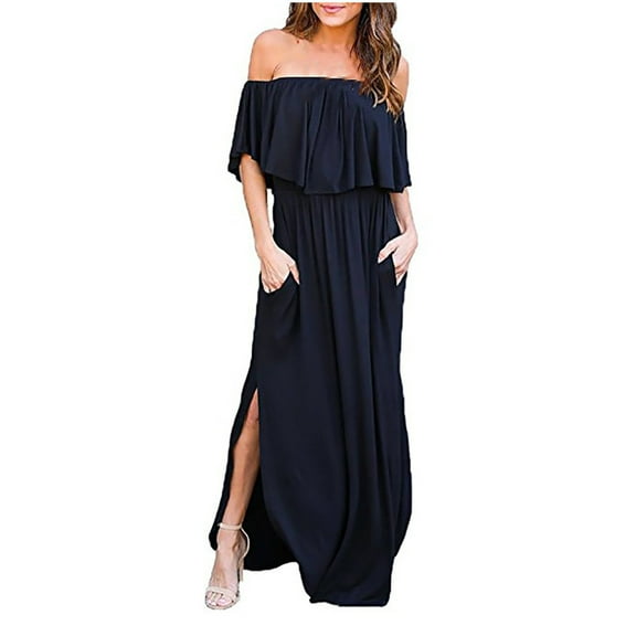 Xunlbb New Trendy Women's Dresses Women Fashion Solid Ruffle Strapless Pocket Casual Loose Dress Long Skirt Size S-2XL Holiday Party