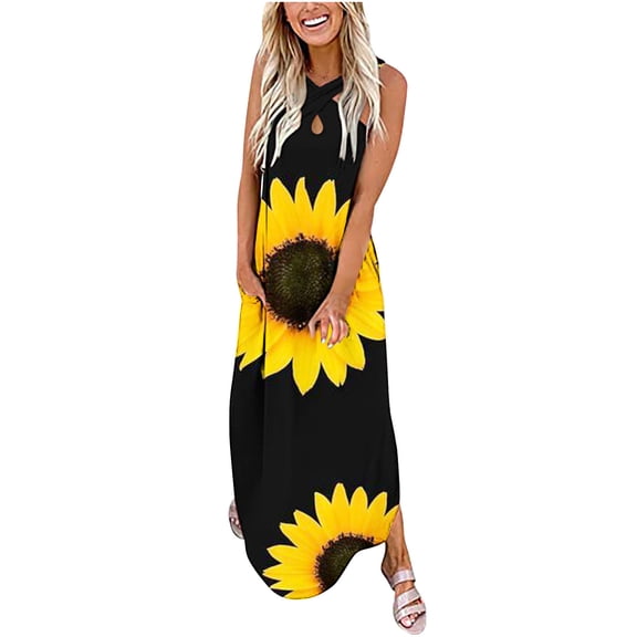 Xunlbb New Trendy Women's Dresses Women's Printed Sleeveless Front Neck Long Dress Size S-2XL Holiday Party