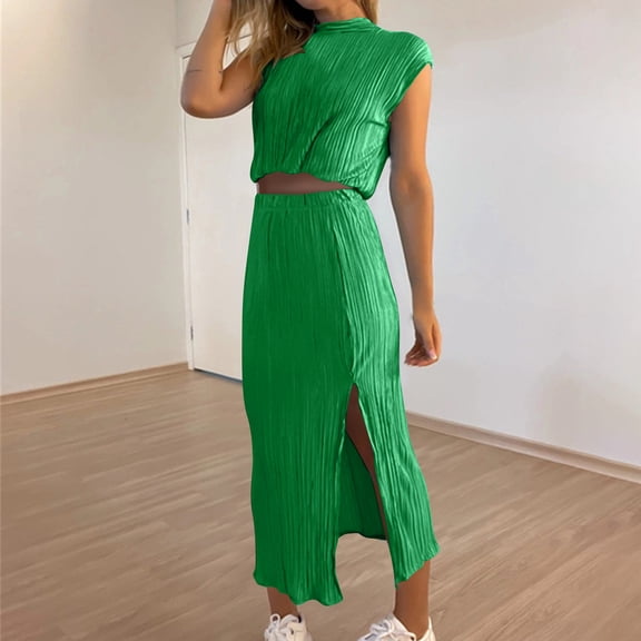 Xunlbb New Trendy Women's Dresses Women's Summer Solid Color Sleevless Crew Neck Skirt Suit Size S-2XL Holiday Party Clearance