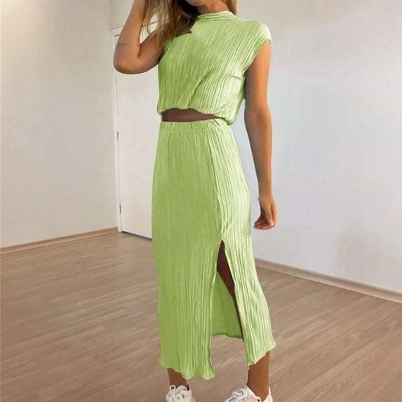Xunlbb New Trendy Women's Dresses Women's Summer Solid Color Sleevless Crew Neck Skirt Suit Size S-2XL Holiday Party Clearance