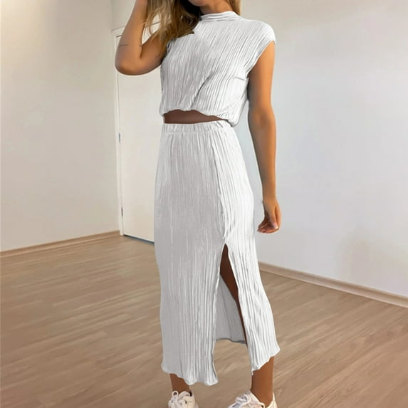 Xunlbb New Trendy Women's Dresses Women's Summer Solid Color Sleevless Crew Neck Skirt Suit Size S-2XL Holiday Party Clearance