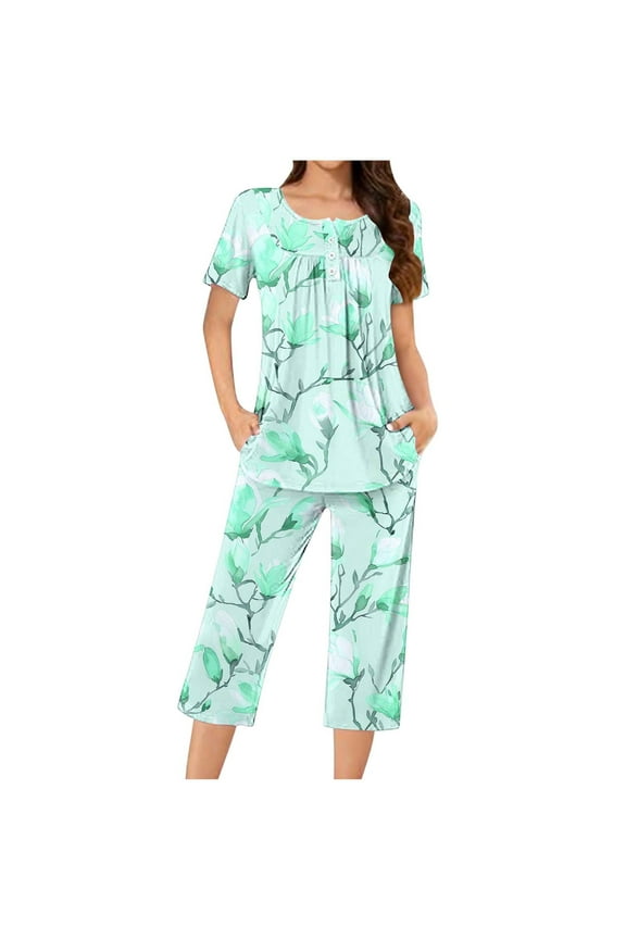 Pajama Sets Women Casual Round Neck Short Sleeve Blouse Fashion Pants Pajamas Suit Gift for Women S-3XL