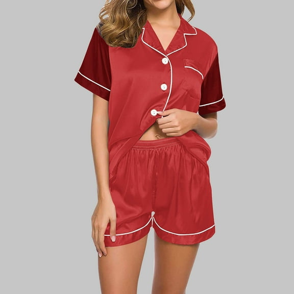 Xunlbb Pajama Sets Women Casual Turndown Collar Short Sleeve Blouse Fashion Short Pants Pajamas Suit S-2XL