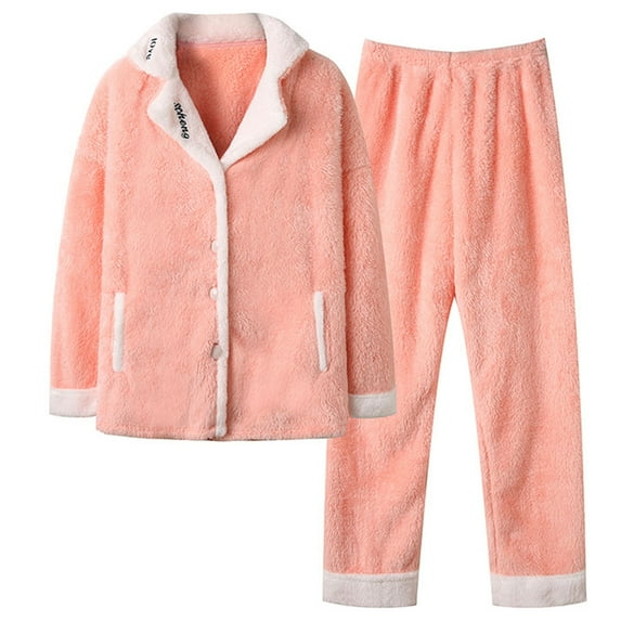 Xunlbb Pajama Sets Women's Solid Color Thick Warm Long Sleeves Top Pants Pajama Sets M-2XL