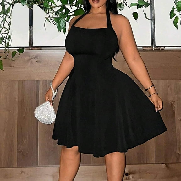 Xunlbb Plus Size Dresses for Women Tummy Control Elastic Waisted Dress with Low Neckline Sleeveless Solid Dresses Summer Vacation Beach Fashion Holidays Casual Daily Wear