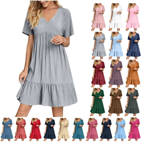 Xunlbb Plus Size Dresses for Women Fashion Women Summer Casual V-Neck Short Sleeve Mini Dress Beach Dress Size S-5XL