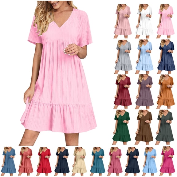 Xunlbb Plus Size Dresses for Women Fashion Women Summer Casual V-Neck Short Sleeve Mini Dress Beach Dress Size S-5XL