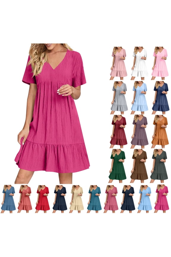Plus Size Dresses for Women Spring And Summer V-Neck Loose Solid Pleated Casual High Waist Lace Dress Gift for Her Size S-5XL