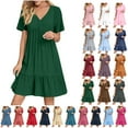 thumbnail image 1 of Xunlbb Plus Size Dresses for Women Spring And Summer V-Neck Loose Solid Pleated Casual High Waist Lace Dress Gift for Her Size S-5XL, 1 of 9