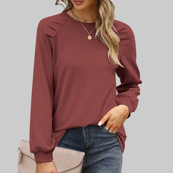 Xunlbb Plus Size Tops for Women, Women's Solid Color Long Sleeved Round Neck Pullover Top S-2XL Gifts for Her
