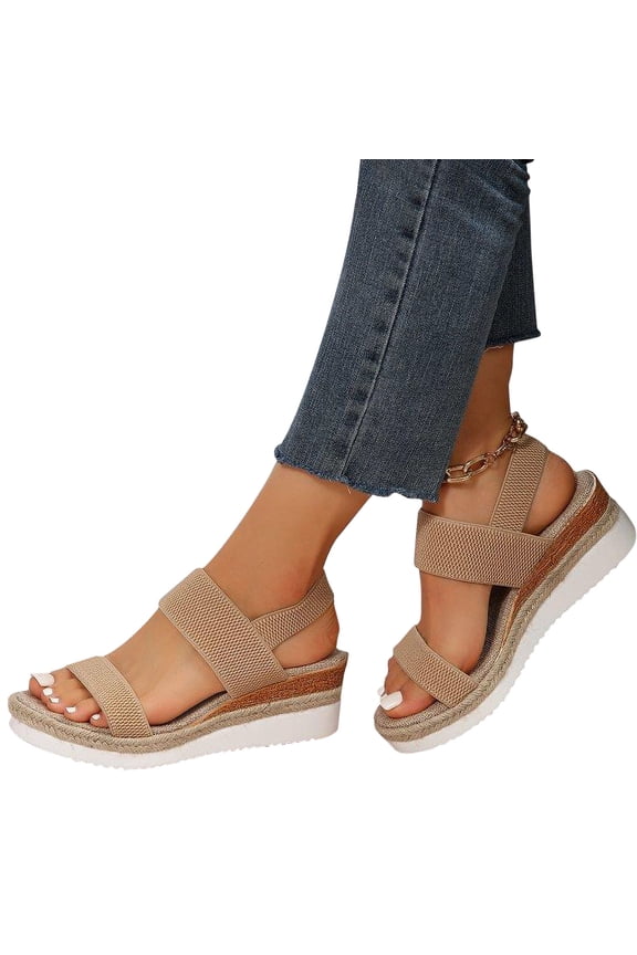 Sandals for Women Hemp Rope Sole Fish Mouth Slope Thick Sole Elastic Back Strap Fly Woven Sandals Beach Sandals for Woman on Clearance