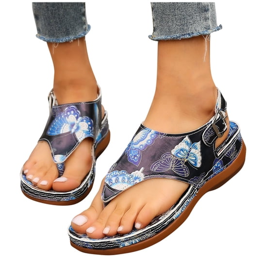 Xunlbb Sandals for Women Oversized Herringbone Sandals Butterflys Print Back Buckle Sloping Heel Sandals Beach Sandals for Woman on Clearance