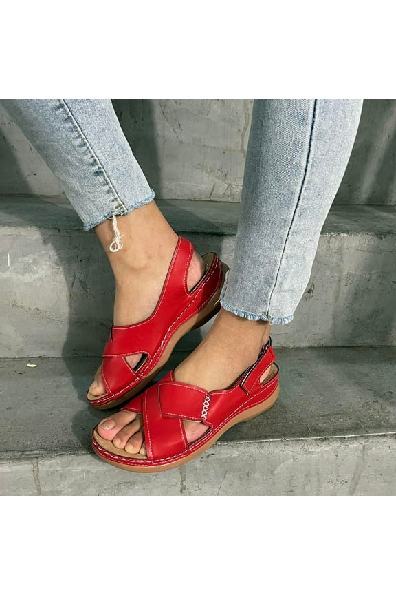 Sandals for Women Women's Summer Plus-size Wide Strip Back Empty Paste Wedge Sandals Beach Sandals for Woman on Clearance