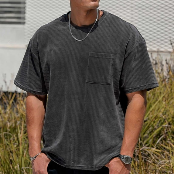 Xunlbb Short Sleeve for Men Mens Shirt Man Casual Solid-Color Sports Corduroy Pocket Short Sleeve Round-Neck Top T-shirt Blouses Gift for Him, M-2XL