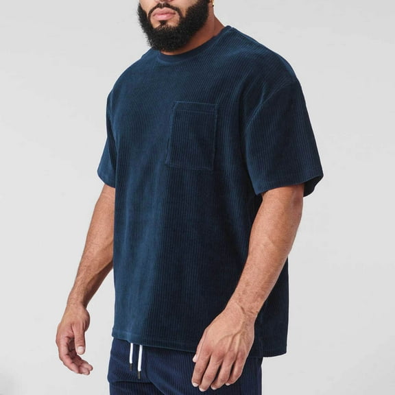 Xunlbb Short Sleeve for Men Mens Shirt Man Casual Solid-Color Sports Corduroy Pocket Short Sleeve Round-Neck Top T-shirt Blouses Gift for Him, M-2XL