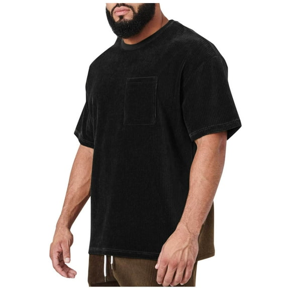 Xunlbb Short Sleeve for Men Mens Shirt Man Casual Solid-Color Sports Corduroy Pocket Short Sleeve Round-Neck Top T-shirt Blouses Gift for Him, M-2XL