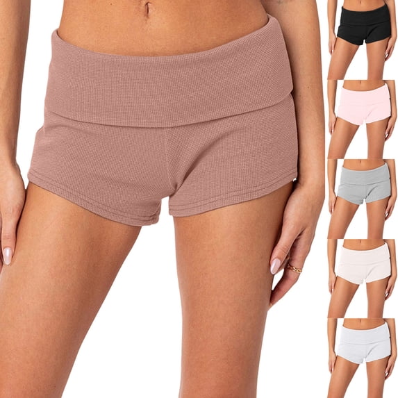 Xunlbb Shorts for Women Workout Shorts Women's New Solid Color Fashionable Folding Waist Basic Tight Low Waist Base Casual Hot Pants Shorts S-XL on Clearance