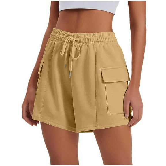 Xunlbb Shorts for Women,Women Casual Solid Pants Drawstring Waist Athletic Gym Shorts With Pocket,Khaki S