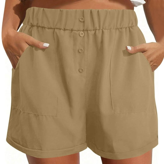 Xunlbb Shorts for Women,Women Summer Fashion Solid Color Button Pocket Shorts,Khaki S