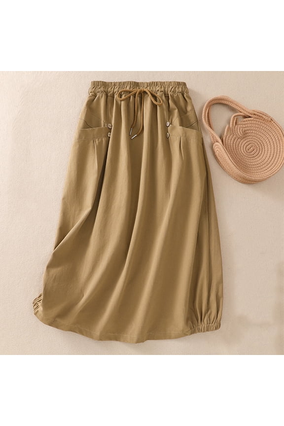 Skorts Skirts for Women, Women's Summer Leisure Fashion Solid Color Flower Bud Button Pocket Half Skirt (Khaki 2XL)