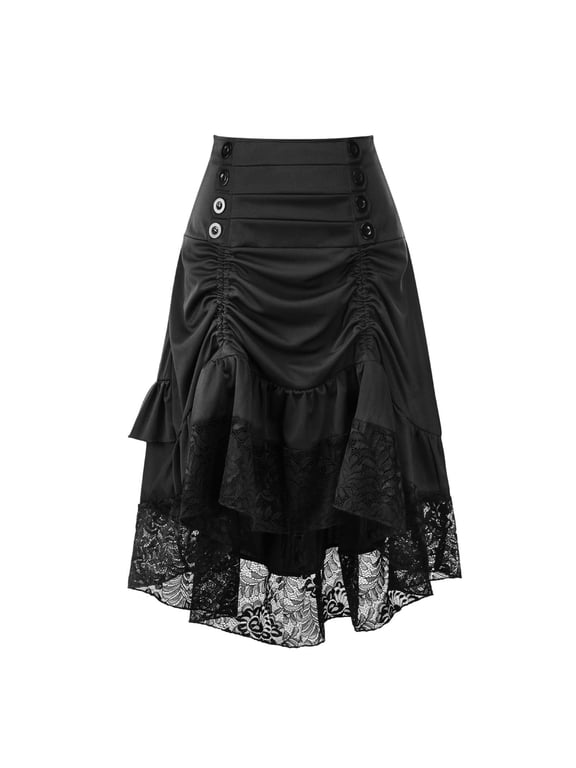 Maxi Skirt Women's Vintage Retro Skirt Gothic Style Lace Drawstring Stitching Middle Skirt Gift for Girls, Size S-2XL
