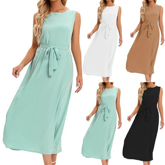 Xunlbb Solid Long Dresses for Women Ladies Lightweight Max Dress with Round Neck Sleeveless Breathable Dress Side Key Pockets Summer Vacation Beach Fashion Plus Size