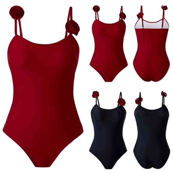 Xunlbb Summer Plus Size Swimsuit for Women One Piece Bathing Suit Rose Deco Solid Crew Neck Swimwear with Elastic Straps Summer Beach Vacation Party S-XL