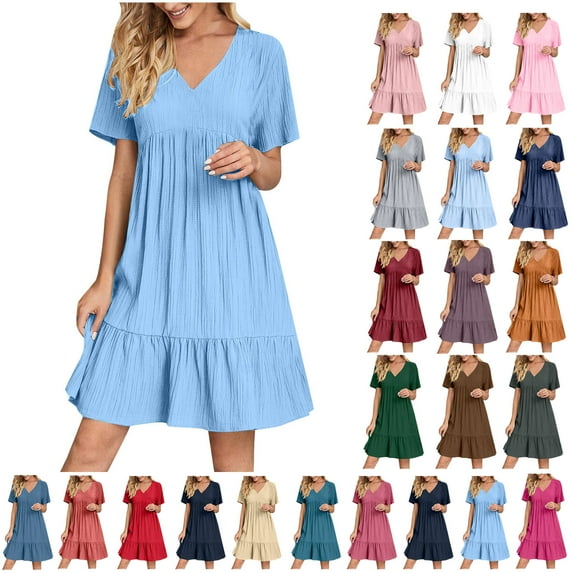 Xunlbb Summer Dresses for Women 2025 Fashion Women Summer Casual V-Neck Short Sleeve Mini Dress Gift for Her Size S-5XL