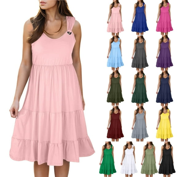 Xunlbb Summer Maxi Dress for Women Fashion Holiday Summer Solid Color Sleeveless Party Beach Dress Beach Dress Size S-2XL