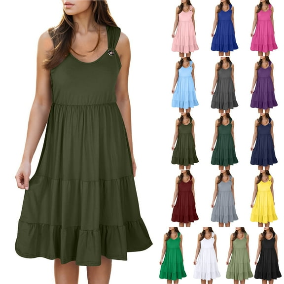Xunlbb Summer Maxi Dress for Women Fashion Holiday Summer Solid Color Sleeveless Party Beach Dress Beach Dress Size S-2XL